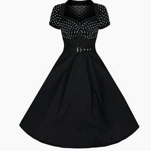 White polka dot top with flared black skirt!